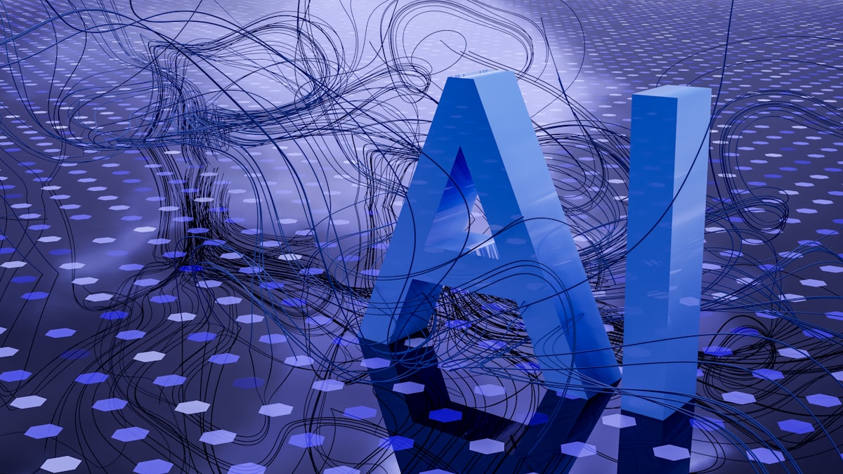 3D rendered AI text glowing over a blue neural network pattern
